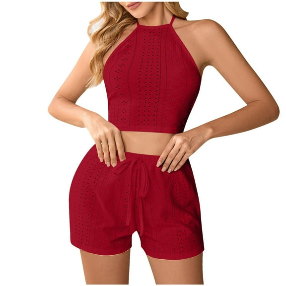 JSGEK Womens Halter Pajama Sets Sleeveless Checked Design Soft Fabric Relaxed Silhouette for Home Daily Red L