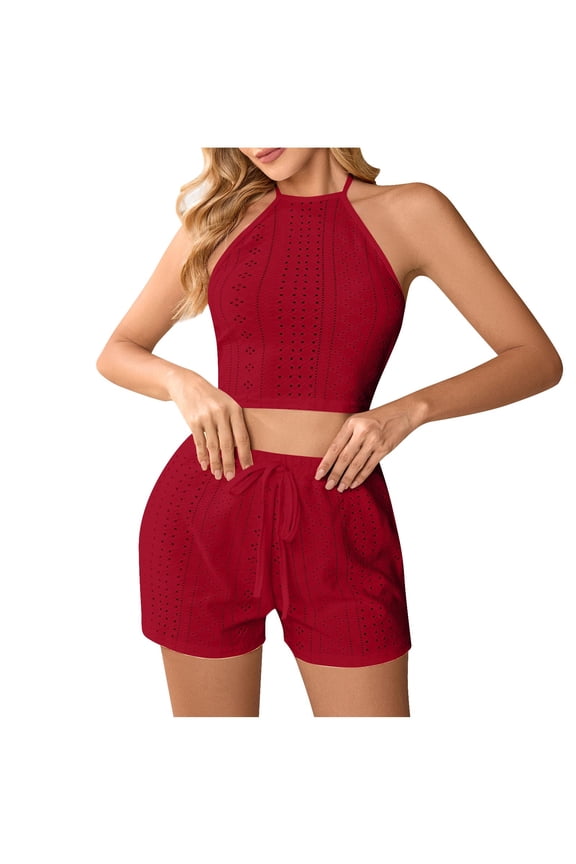 Womens Halter Pajama Sets Sleeveless Checked Design Soft Fabric Relaxed Silhouette for Home Daily Red S