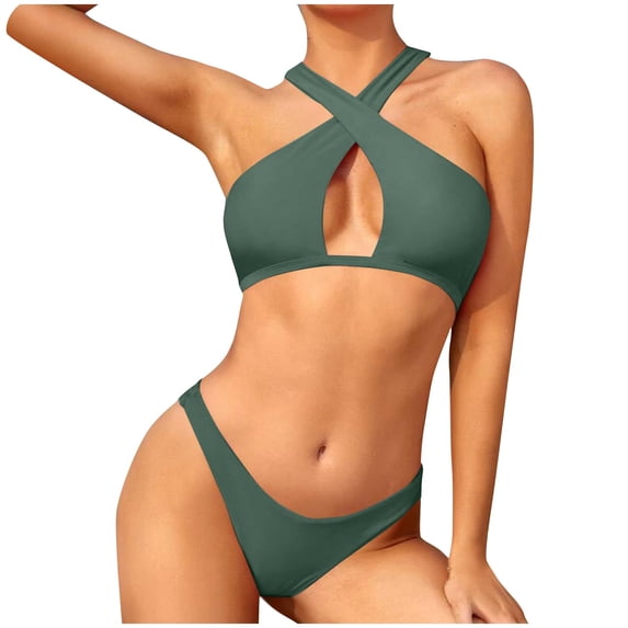 JSGEK Womens High Cut Bikini Set Solid Color Design Quick Dry Fabric Relaxed Silhouette for Summer Vacations Green S