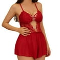 thumbnail image 1 of JSGEK Womens Lace Pajama Lingerie Sets Ruffle V Neck Bow Tie Mesh Cami Tops and Shorts Sexy Sleepwear Set Red M, 1 of 9