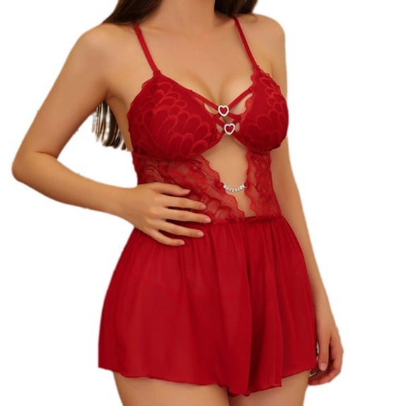 JSGEK Womens Lace Pajama Lingerie Sets Ruffle V Neck Bow Tie Mesh Cami Tops and Shorts Sexy Sleepwear Set Red M