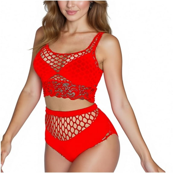 JSGEK Womens Lingerie Set Lace Fishnet Babydoll Bodysuit Two Piece Nightwear Sexy See Through Outfits Suits Red Free Size
