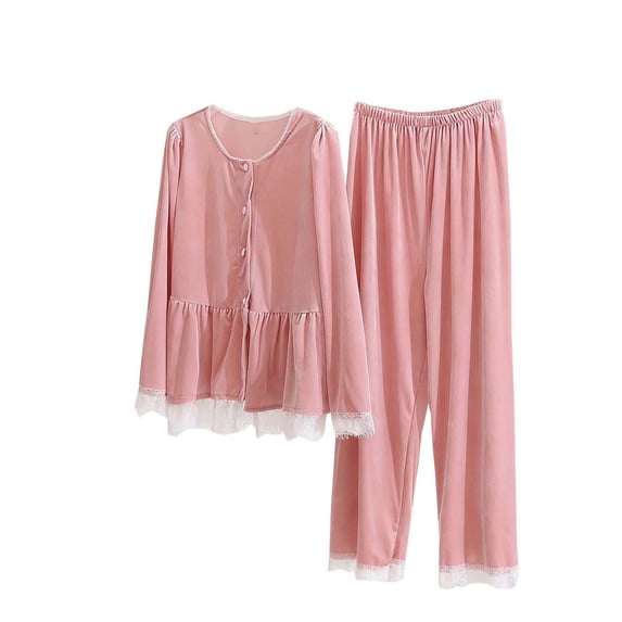 JSGEK Womens Long Sleeve Pajama Sets Sheer Trim Design Light Fabric Relaxed Silhouette for Daily Lounge Pink M