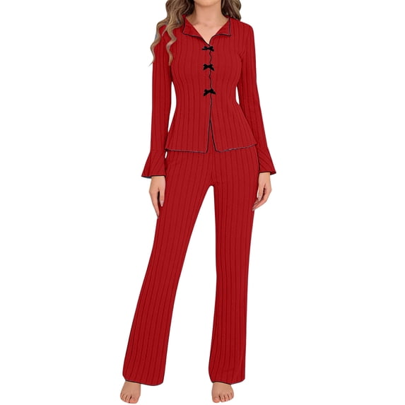 JSGEK Womens Loungewear Sets Long Sleeve Button Design Smooth Fabric Relaxed Silhouette for Home Leisure Red XXXL