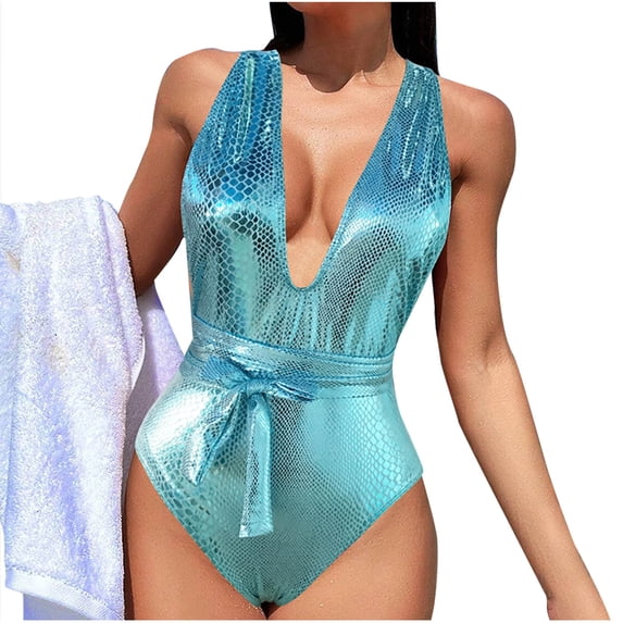 JSGEK Womens Metallic One Piece Swimsuit Deep V Design Lightweight Fabric Relaxed Silhouette for Tropical Getaways Blue XL