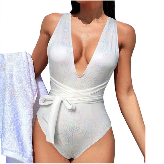 JSGEK Womens Metallic One Piece Swimsuit Deep V Design Lightweight Fabric Relaxed Silhouette for Tropical Getaways White M