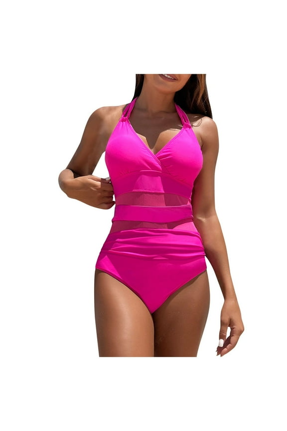 Womens Plunge Front One Piece Swimsuit Push Up Design Stretchy Fabric Relaxed Silhouette for Pool Parties Pink XXL
