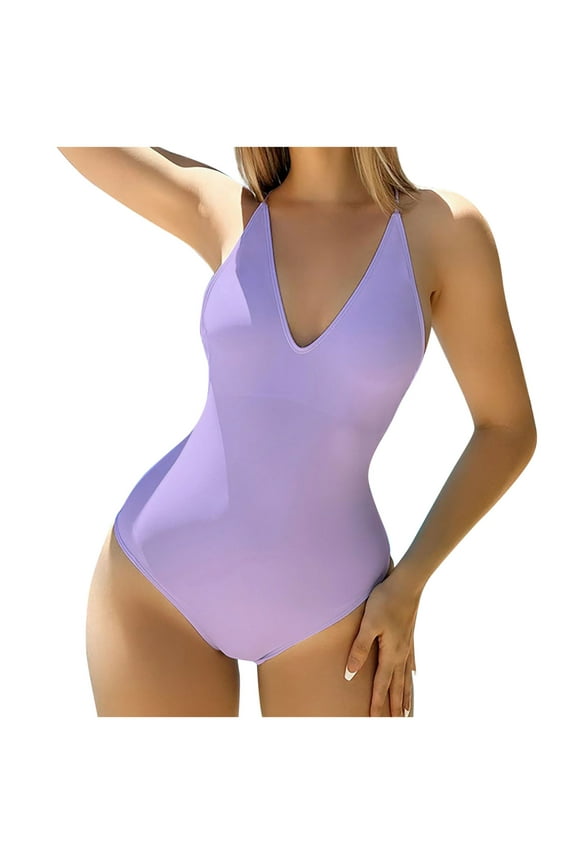 Womens Plunge Neck One Piece Swimsuit Minimalist Design Breathable Fabric Relaxed Silhouette for Summer Vacations Purple XL