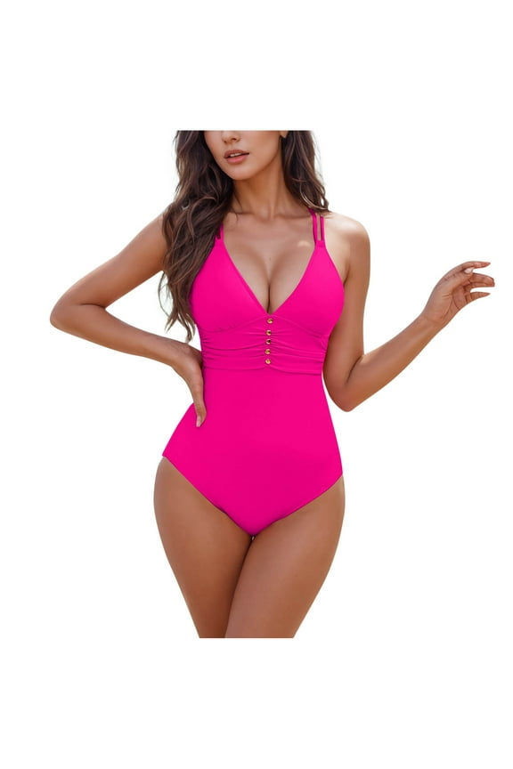 Womens Plunge Neck One Piece Swimsuit Ruched Design Tummy Control Fabric Relaxed Silhouette for Pool Parties Pink M