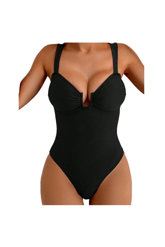 Womens Plunge Neck One Piece Swimsuit Ruched Design Tummy Control Fabric Relaxed Silhouette for Water Activities Black S
