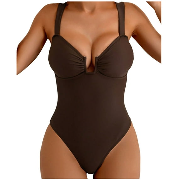 JSGEK Womens Plunge Neck One Piece Swimsuit Ruched Design Tummy Control Fabric Relaxed Silhouette for Water Activities Brown XL