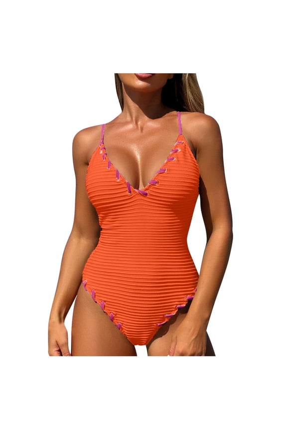 Womens Push Up One Piece Swimsuit Plunge Neck Design Tummy Control Fabric Relaxed Silhouette for Beach Getaways Orange L