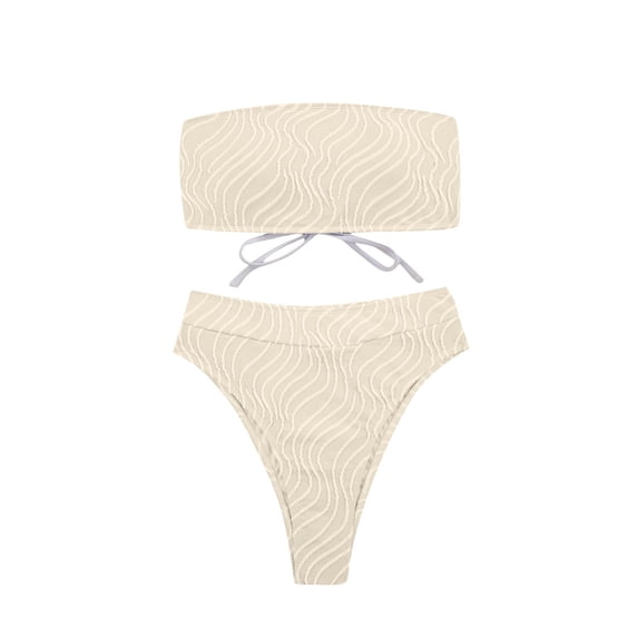 JSGEK Womens Ribbed Bandeau Bikini Set High Waist Design Stretchy Fabric Relaxed Silhouette for Beach Getaways Beige M