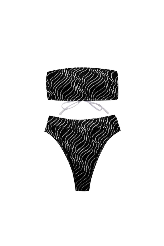 Womens Ribbed Bandeau Bikini Set High Waist Design Stretchy Fabric Relaxed Silhouette for Beach Getaways Black M