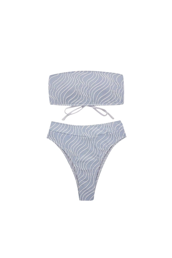 Womens Ribbed Bandeau Bikini Set High Waist Design Stretchy Fabric Relaxed Silhouette for Beach Getaways Blue S