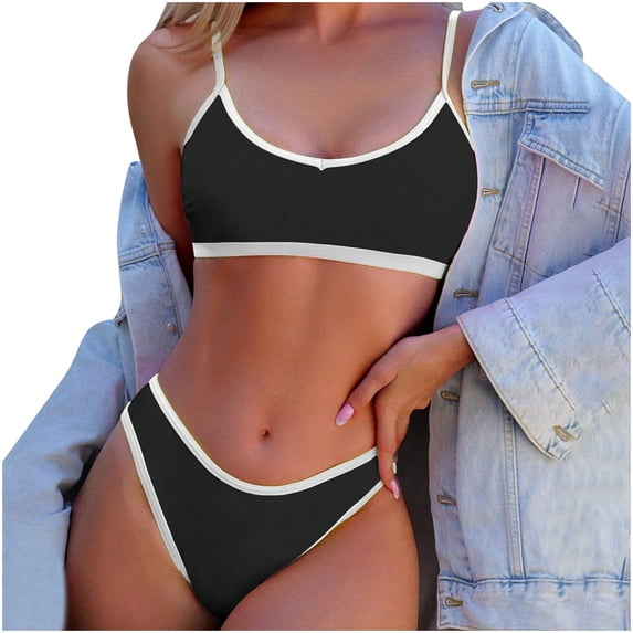 JSGEK Womens Ribbed Bikini Set Bralette Top Design Breathable Fabric Relaxed Silhouette for Water Activities Black S