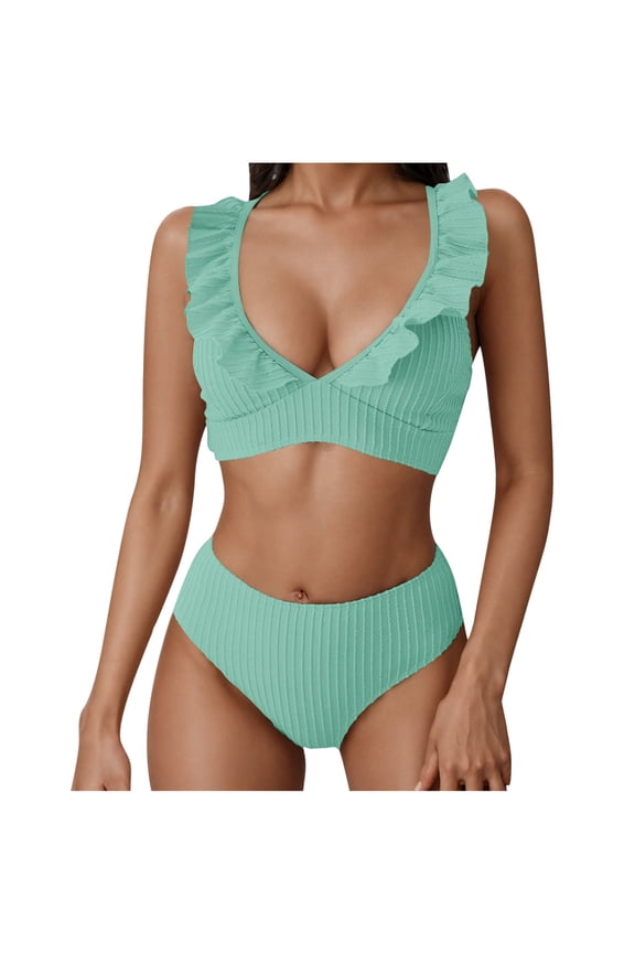 Womens Ribbed Bikini Set V Neck Design Stretchy Fabric Relaxed Silhouette for Beach Getaways Green L