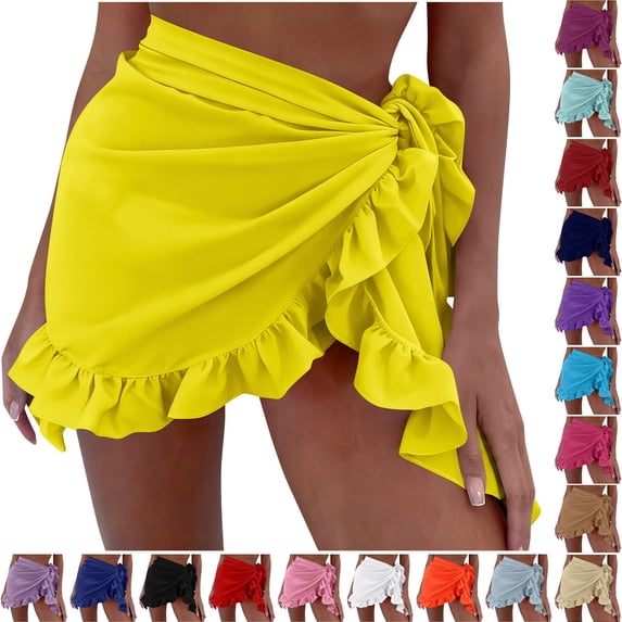 JSGEK Womens Ruffle Hem Swim Cover Up Skirt Tie Side Design Sheer Fabric Relaxed Silhouette for Beach Getaways Beige Free Size