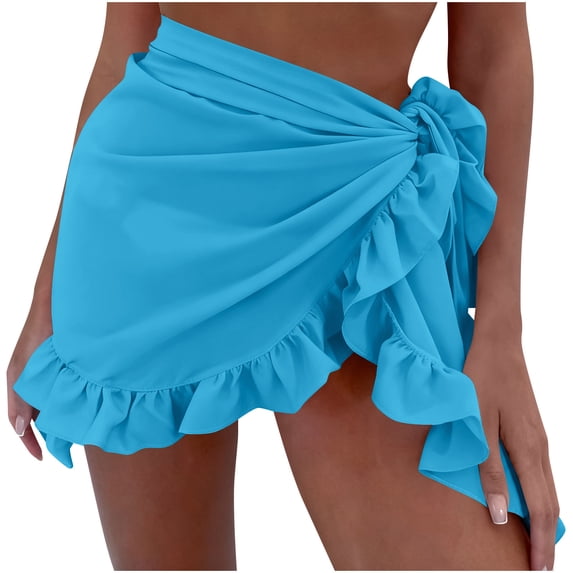 JSGEK Womens Ruffle Hem Swim Cover Up Skirt Tie Side Design Sheer Fabric Relaxed Silhouette for Beach Getaways Blue Free Size