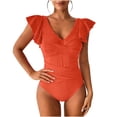 thumbnail image 1 of JSGEK Womens Ruffle Sleeve One Piece Swimsuit V Neck Design Lightweight Fabric Relaxed Silhouette for Cruise Wear Orange L, 1 of 6