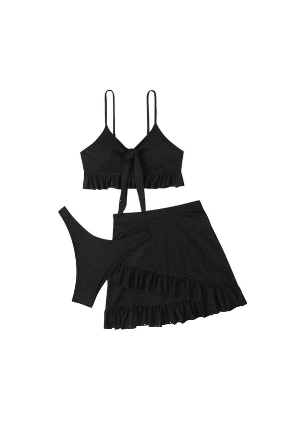 Womens Ruffle Trim Bikini Set High Waist Design Stretchy Fabric Relaxed Silhouette for Beach Getaways Black S