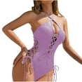 thumbnail image 1 of JSGEK Womens Ruffle Trim Swim Dress Halter Neck Design Lightweight Fabric Relaxed Silhouette for Water Activities Purple L, 1 of 5