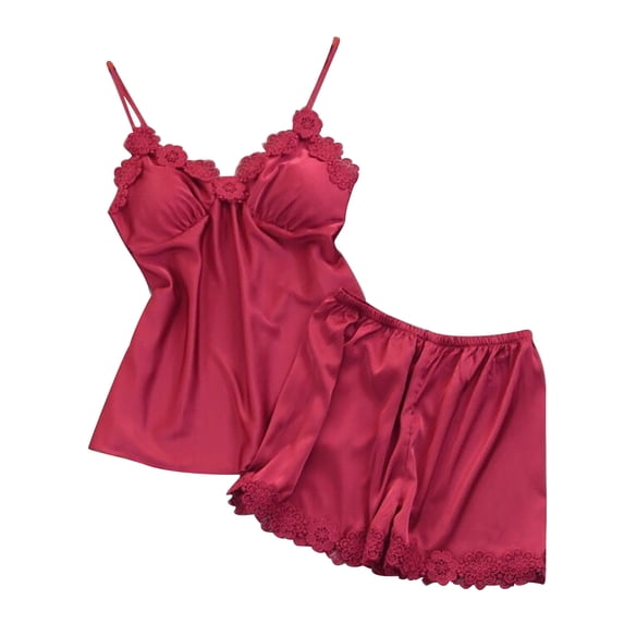 JSGEK Womens Satin Pajama Sets Sleeveless Lace Design Smooth Fabric Relaxed Silhouette for Sleep Wear Red S