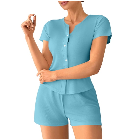 JSGEK Womens Short Sleeve Pajama Sets Button Front Design Soft Fabric Relaxed Silhouette for Sleep Wear Blue S