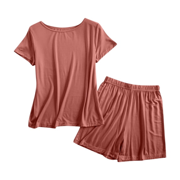 JSGEK Womens Short Sleeve Pajama Sets Round Neck Design Soft Fabric Relaxed Silhouette for Sleep Wear Red M