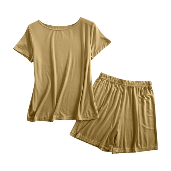 JSGEK Womens Short Sleeve Pajama Sets Round Neck Design Soft Fabric Relaxed Silhouette for Sleep Wear Yellow XXL