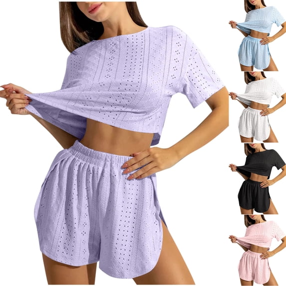 JSGEK Womens Short Sleeve Pajama Sets Striped Design Soft Fabric Relaxed Silhouette for Home Daily Black L