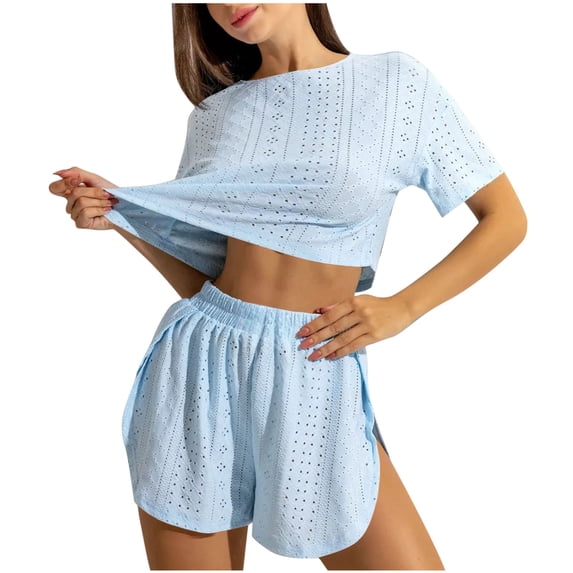 JSGEK Womens Short Sleeve Pajama Sets Striped Design Soft Fabric Relaxed Silhouette for Home Daily Blue S