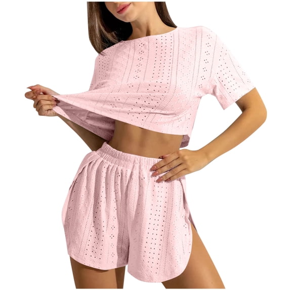 JSGEK Womens Short Sleeve Pajama Sets Striped Design Soft Fabric Relaxed Silhouette for Home Daily Pink S