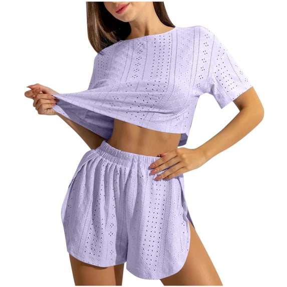 JSGEK Womens Short Sleeve Pajama Sets Striped Design Soft Fabric Relaxed Silhouette for Home Daily Purple L