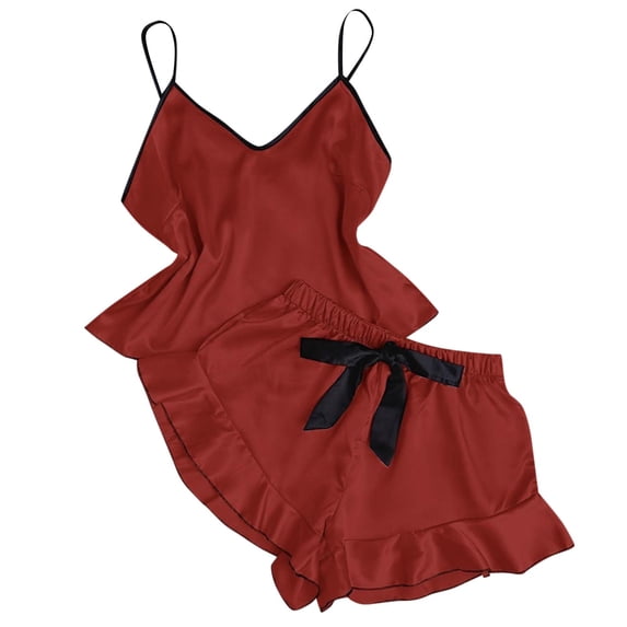 JSGEK Womens Sleeveless Pajama Sets Bow Detail Design Soft Fabric Relaxed Silhouette for Home Relaxation Red L