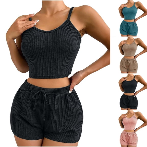 JSGEK Womens Sleeveless Pajama Sets Crop Top Design Soft Fabric Relaxed Silhouette for Home Daily Blue L