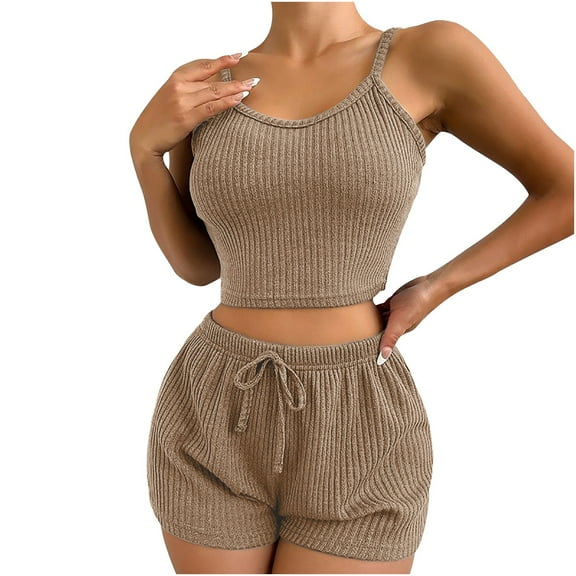 JSGEK Womens Sleeveless Pajama Sets Crop Top Design Soft Fabric Relaxed Silhouette for Home Daily Brown XL