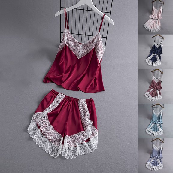 JSGEK Womens Sleeveless Pajama Sets Ruffle Trim Design Soft Fabric Flowy Silhouette for Sleep Wear Blue L