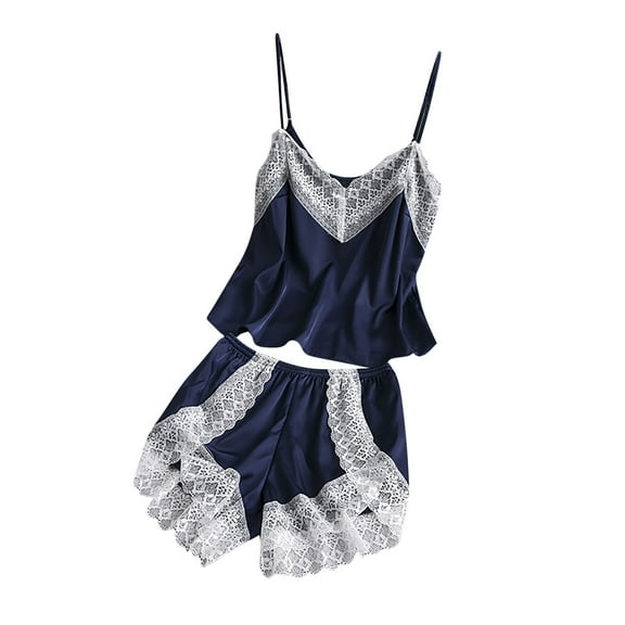 JSGEK Womens Sleeveless Pajama Sets Ruffle Trim Design Soft Fabric Flowy Silhouette for Sleep Wear Blue M