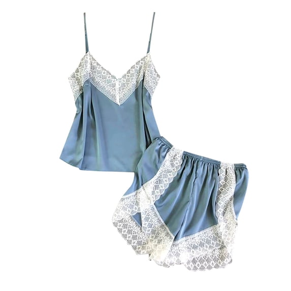 JSGEK Womens Sleeveless Pajama Sets Ruffle Trim Design Soft Fabric Flowy Silhouette for Sleep Wear Blue XL