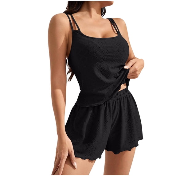 JSGEK Womens Sleeveless Pajama Sets Spaghetti Strap Design Soft Fabric Relaxed Silhouette for Home Daily Black XXXL