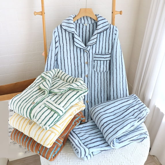 JSGEK Womens Striped Pajama Sets Long Sleeve Button Design Light Fabric Relaxed Silhouette for Sleep Wear Blue L