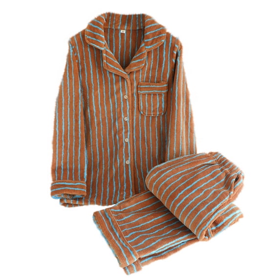 JSGEK Womens Striped Pajama Sets Long Sleeve Button Design Light Fabric Relaxed Silhouette for Sleep Wear Brown XL