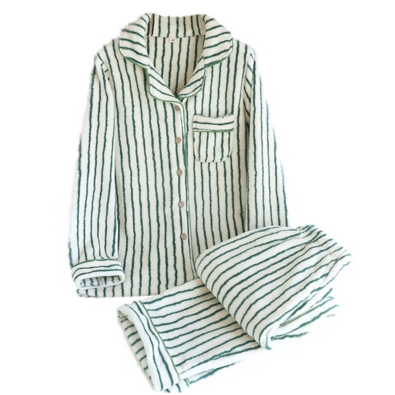 JSGEK Womens Striped Pajama Sets Long Sleeve Button Design Light Fabric Relaxed Silhouette for Sleep Wear Green L