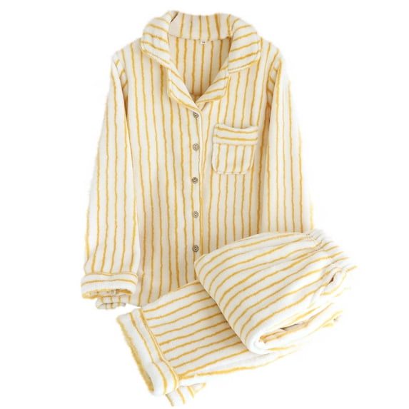 JSGEK Womens Striped Pajama Sets Long Sleeve Button Design Light Fabric Relaxed Silhouette for Sleep Wear Yellow M