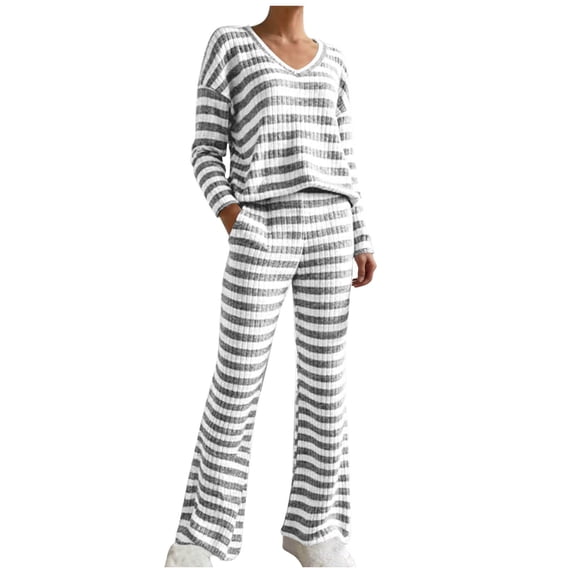 JSGEK Womens Striped Pajama Sets Long Sleeve Round Neck Design Soft Fabric Relaxed Silhouette for Sleep Wear Gray M