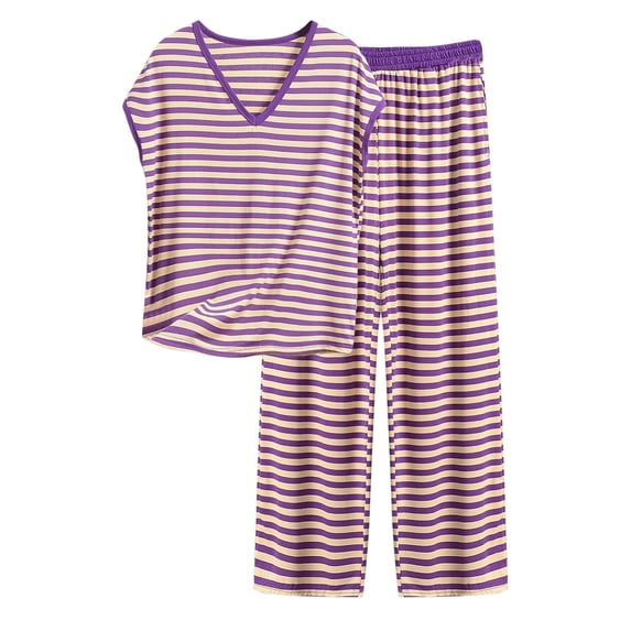 JSGEK Womens Striped Pajama Sets Short Sleeve Round Neck Design Soft Fabric Relaxed Silhouette for Sleep Wear Purple XXL