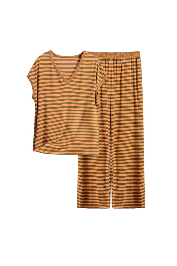 Womens Striped Pajama Sets Short Sleeve Round Neck Design Soft Fabric Relaxed Silhouette for Sleep Wear Yellow XXXXL