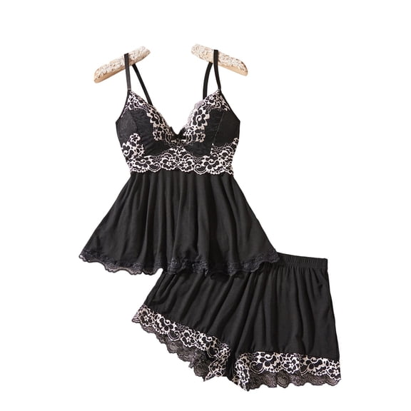 JSGEK Womens Sweetness Cami Set Lace Camisole Lingerie Nightwear V Neck Top and Shorts Comfy Cute Pajamas Lounge Sets Black M