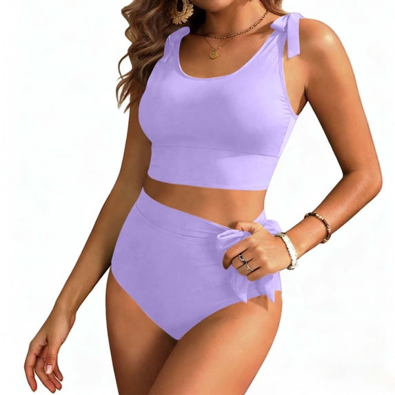 JSGEK Womens Swimsuit Set Crop Top Design High Waist Bottom Side Tie Detail Ribbed Texture Tummy Control Fabric for Beach Outings Purple XL